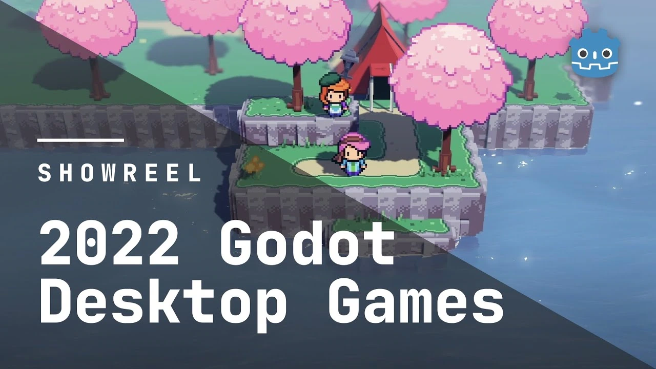 With an image of a colorful pixel game with the text showreel 2022 godot desktop games