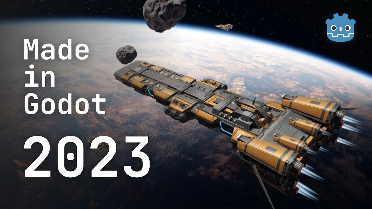 With an image of a spaceship floating above the orbit of a planet with the text made in godot 2023