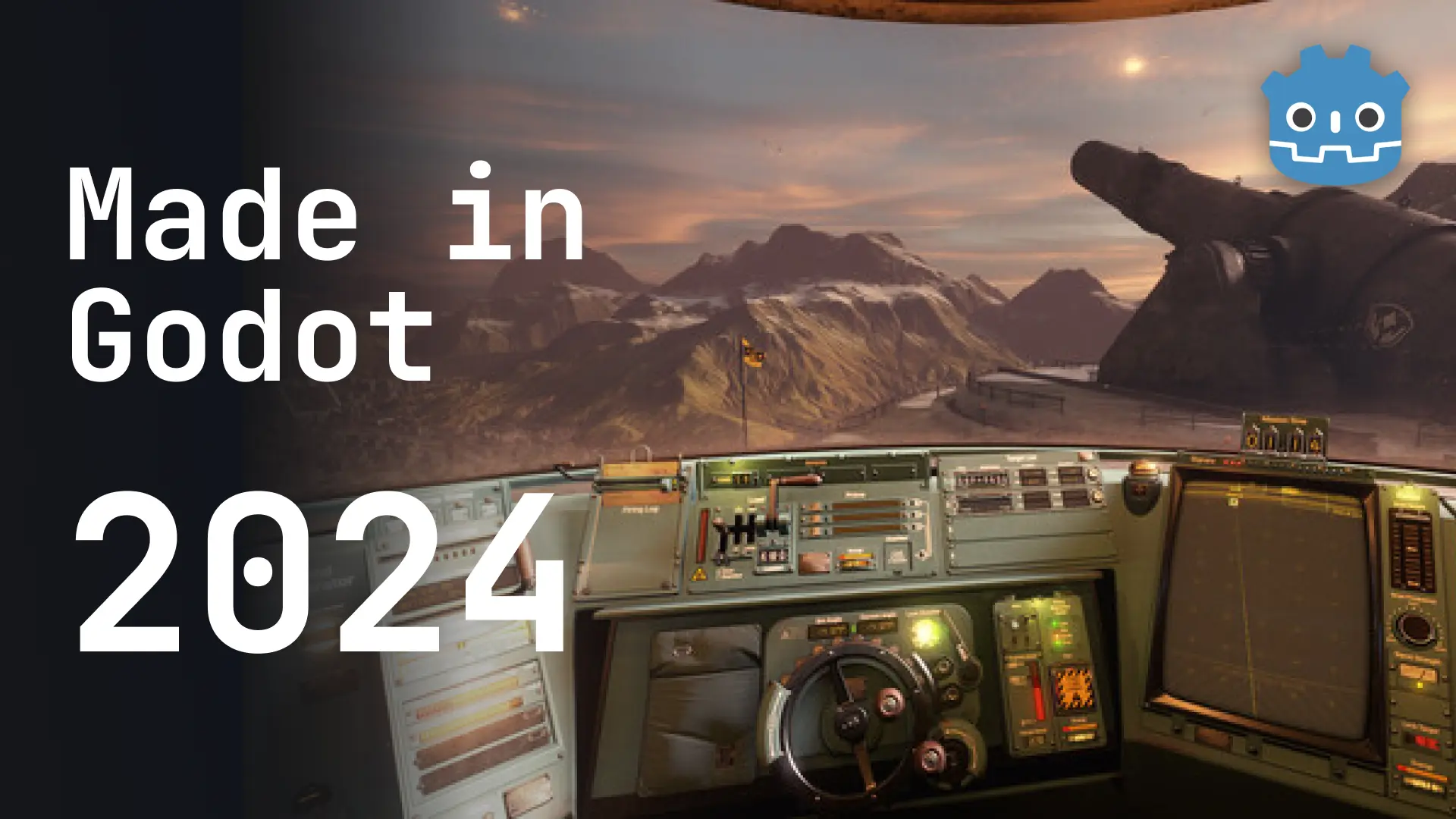 With an image of the inside of a spaceship with a view through the window of a extra terestrial planet with the text made in godot 2024