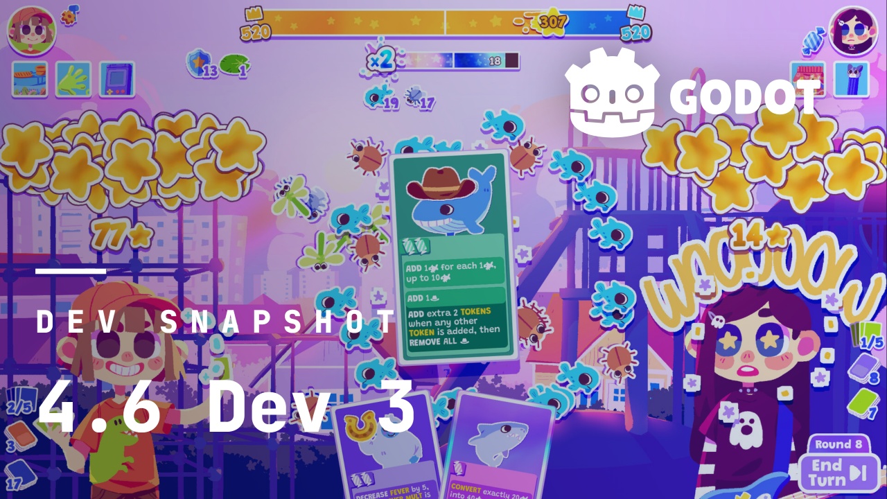 image of a vivid card game with the Godot logo with the text dev snapshot 4.6 dev 4