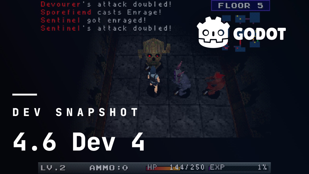 image of a pixel game with the Godot logo with the text dev snapshot 4.6 dev 4